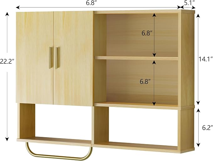 Bathroom Wall Cabinet Wood Large Wall Mounted Medicine Cabinet with 2 Doors and 4 Open Shelves Over Toilet Storage Cabinet Organizer with Towel Bar,Wood