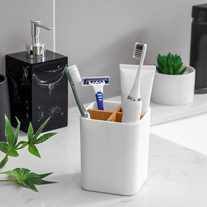 Bamboo Toothbrush Holder for Bathrooms Toothpaste Organizer - White | Detachable Inserts, 4 Slots, Bathroom Counter Organizer, for Kids Electric Toothbrushes, Floss, Razors