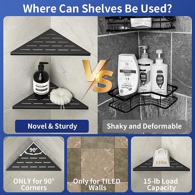 Corner Shower Shelf 10" Matte Black | 304 Stainless Steel, Slot Design, Recessed Corner Shelf, Bathroom Grout in Shelf for Tiled Wall