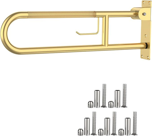 ZUEXT 31.5 Inch Gold U Shaped Flip-Up Toilet Grab Bar with Paper Holder | Anti Slip Foldable Bathroom Safety Handrail, Stainless Steel Handicap Support Rail, for Elderly Seniors Disabled Pregnant