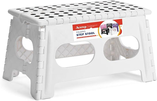 9 Inch Folding Step Stool, 15 Inch Extra-Wide, 300 lbs, White | Non-Slip Heavy Duty Foldable Step Stool for Kids and Adults, Extra-Wide for Comfort and Stability, for Bathroom and Kitchen