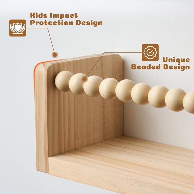 32 Inch Floating Shelf with Wooden Bead Design - Solid Pine Wall Mounted Bookshelf, Child-Safe Nursery Storage for Kids Room Decor, Set of 3(Pre-Strung Bead Strings)