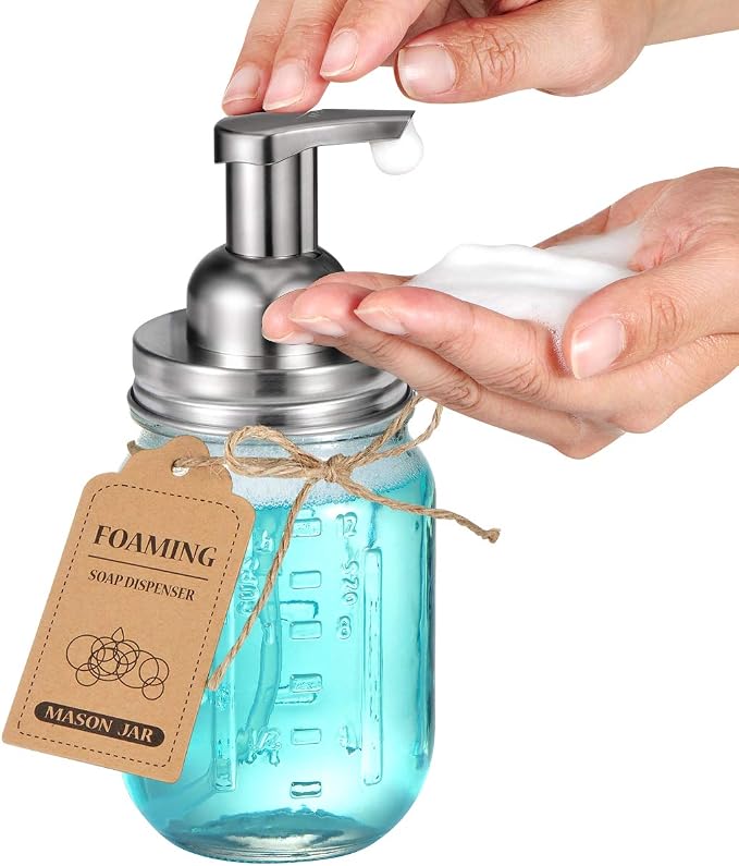 Amolliar Mason Jar Foaming Soap Dispenser Glass Soap(Brushed Nickel 2 Pack) | Refillable Hand Soap Dispenser for Kitchen, Foam Soap Dispenser Countertop, Farmhouse Decor, Shampoo, Bathroom Soap Dispenser