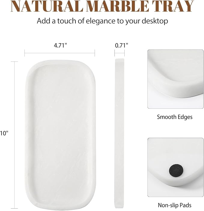 Marble Tray, 10"x5" Marble Vanity Tray for Bathroom Countertop Kitchen Sink, Rectangular Stone Tray for Perfume Fragrance, Decorative Catchall Tray Jewelry Cosmetics Organizer(White)
