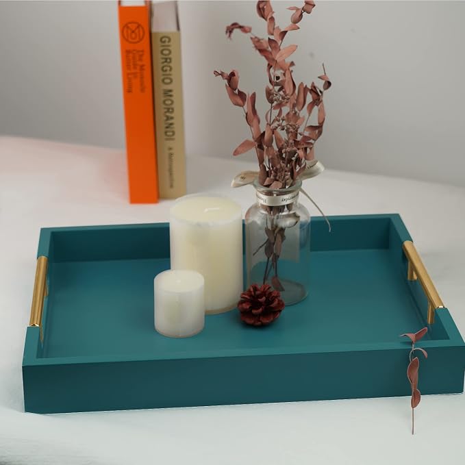 Wooden Decorative Coffee Table Tray, 16" Serving Tray with Handles, Matte Finish Decorative Tray, Ottoman Tray for Living Room, Perfume, Vanity Dresser Organizer (Teal Green)