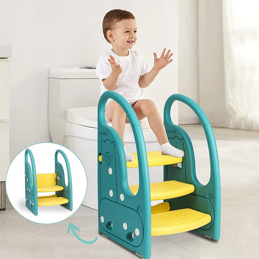 Toddler Step Stool Chair Onasti Kids 3 Step Standing Tower for Toddlers Plastic Learning Helper Stool for Kitchen Counter Bathroom Sink Toilet Potty Training with Handles and Non-Slip Pads-Green