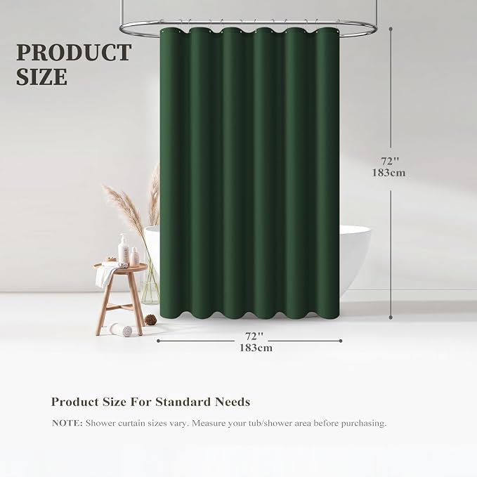 Emerald Green Linen Textured Waterproof Fabric Shower Curtain, 72x72 | 230GSM Polyester, Heavy Duty Cloth, Weighted Hem, 12 Plastic Hooks, Modern Hotel Style, Machine Washable, Bathroom Decor