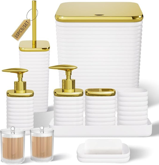 Bathroom Set - 10PC Bathroom Accessory Set, White Bathroom Set, Luxury Bathroom Accessories Set, Trash Can, Toilet Brush, Soap Dish, Qtip Holder & Soap Dispenser