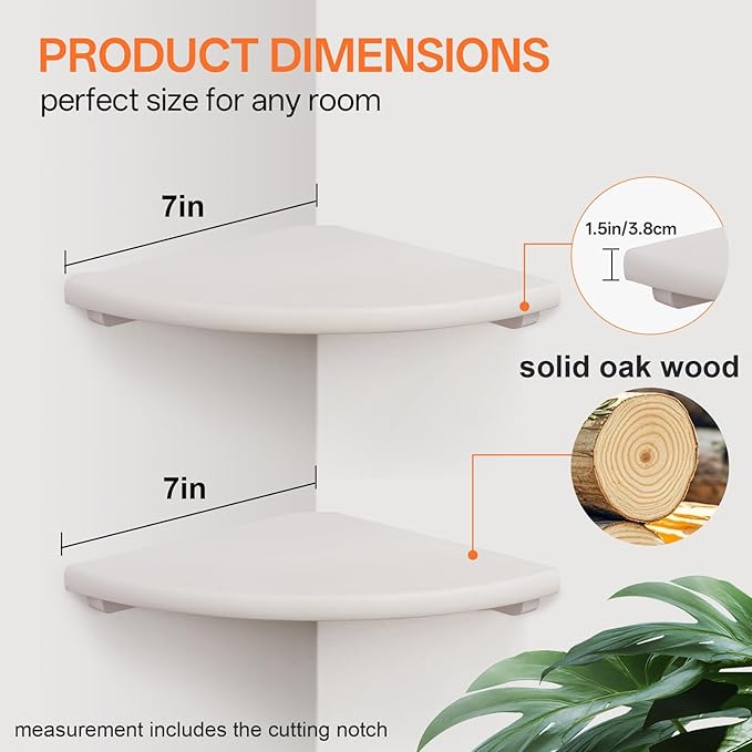 Gieanoo Floating Corner Shelves Set 2 7inch White Solid Oak Rounded Corner Shelves Wall Mounted with Cable Hole Wood Corner Hanging Shelves for Living Room Bedroom Bathroom Kitchen