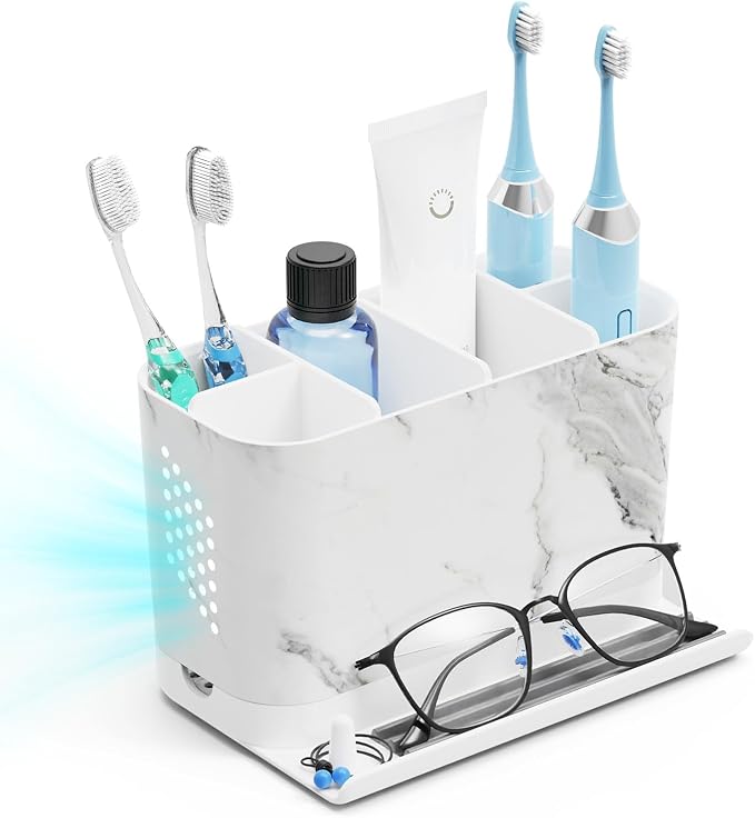 Toothbrush Holders, Toothbrush Caddy with Front Ledge and Cord Slots, Detachable Tooth Brush Holder for Bathroom Countertop, Shower, Vanity, Large Capacity 6 Slots Marble Bathroom Accessories