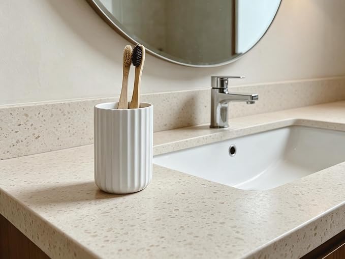Stoneware Toothbrush Holder for Bathroom Tooth Brush Holder for Bathroom Toothbrush Cup Toothbrush Holders Cute Fluted Vertical Ribbed Stripe (Matte White)