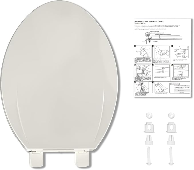 19" Elongated Toilet Seat Slow Close, Biscuit Color Polypropylene Toilet Seat Cover with Never Loosen Durable Lid, Quiet and Easy to Install & Clean