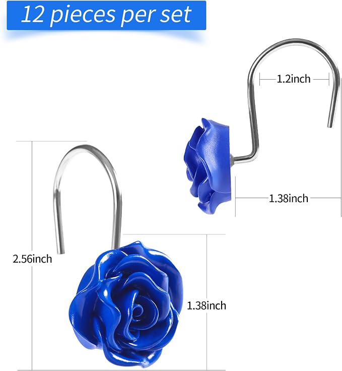Cute Rose Floral Shower Curtain Hooks Rings for Bathroom,Blue 12PCS | Metal Rustproof Curtain Hooks Shower Rings,Girls Decorative Flower Bathroom Decor,for Bathroom Shower Rods