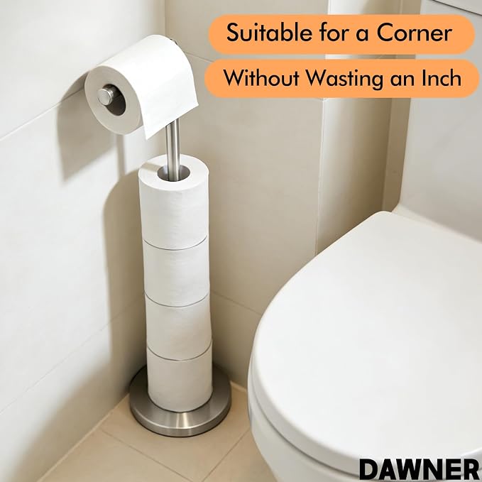 DAWNER 26" Heavy Duty Toilet Paper Holder Stand, Free Standing Toilet Paper Holder, Brushed Nickel Bathroom Toilet Paper Roll Holder, Stainless Steel Tissue Holder for Bathroom, Anti-Tipping Base