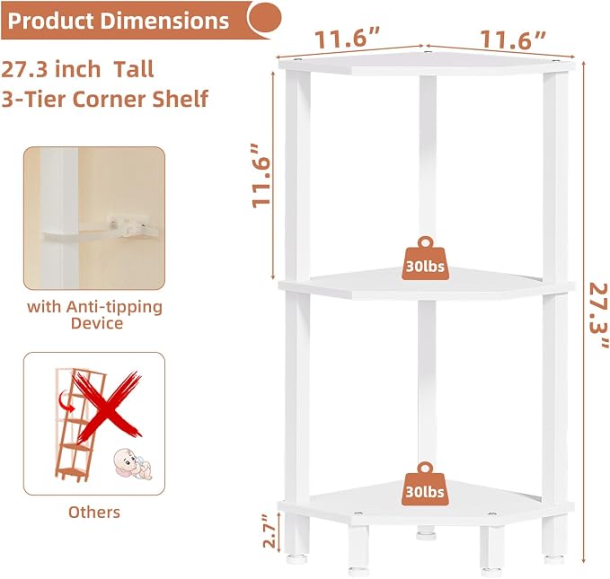 YUFAM 3-Tier Corner Shelf, White | Wooden Small Corner Table with Sturdy 5-Leg Base, Wooden Corner Bookshelf for Adjustable Base