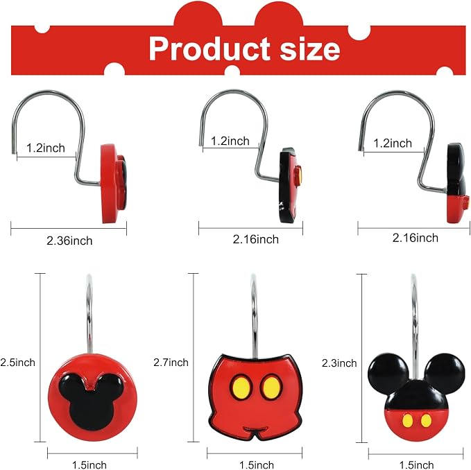 12-Piece Mouse Shower Curtain Hooks for Bathroom | Decorative Shower Curtain Hooks, Stainless Steel Shower Hangers Rings