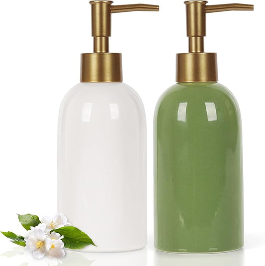 Natheeph 2PC 14OZ Ceramic Soap Dispenser Can Fill Hand Soap (White+Green) | Refillable Shampoo/Lotion/Liquid/Soap Dispenser for Bathroom, Dish Soap/Detergent for Kitchen, Soap Pump Dispenser Bottle