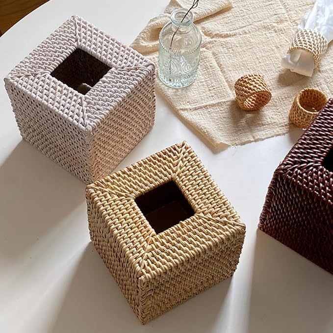 2 Pack Rattan Tissue Box Cover Square, Wicker Tissue Box Holder, Decorative Woven Facial Tissue Holder for Bathroom, Kitchen, Living Room, Bedroom (5.5 x 5.5 x 5.7 inch, Whitewash)