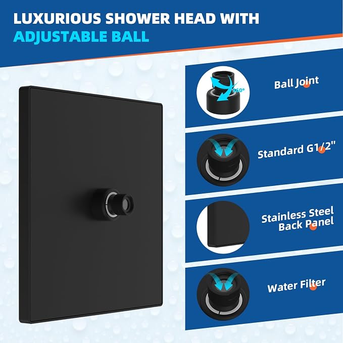 Hibbent cUPC Certified High Pressure 12'' Rain Shower Head, Matte Black | Thickness Metal Showerhead, Square Large Bathroom Rainfall Shower Head, Adjustable Brass Ball, Waterfall Full Body Coverage