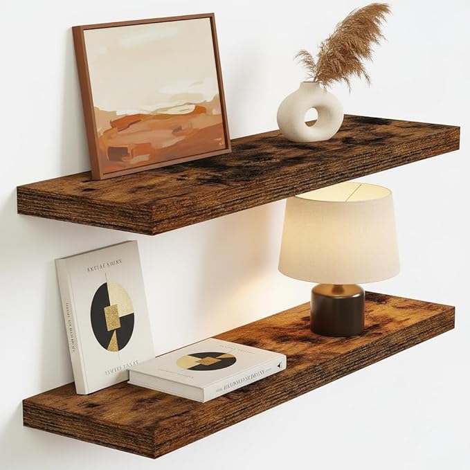Vivelove Floating Shelves 9 inch Deep 24”Long Set of 2, Rustic Brown | Easy Install With Hardware, 1.5" Thick, Invisible Brackets, Wall Mounted, No Sagging, For Any Room