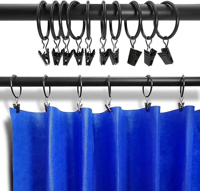 LLPJS 60 Pack Metal Curtain Rings with Clips, Curtain Clip Rings Hooks for Hanging Drapery Drapes Bows, Curtain Rod Rings 1.5 inch Interior Diameter, Black