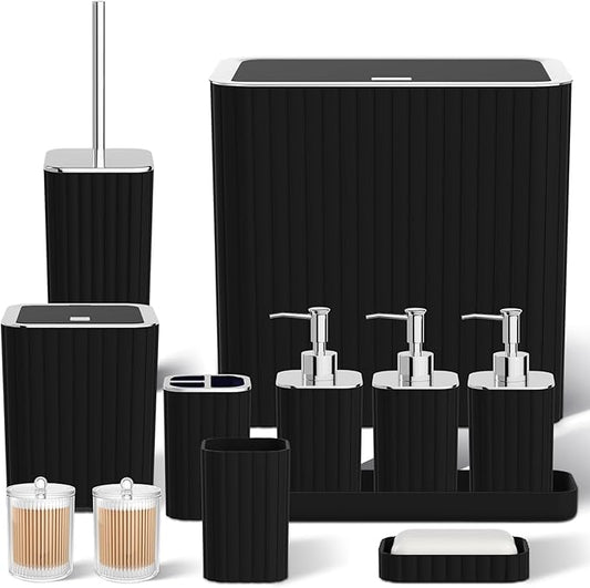 Bathroom Accessory Set - Bathroom Set, 12PC Bathroom Accessory Set, Black Bathroom Accessories Set, Mini Trash Can, Toilet Brush, Trash Can & Soap Dispenser