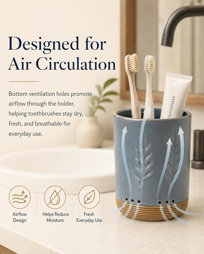 LYEOBOH Ceramic Toothbrush Holder, Toothbrush Storage,Toothbrush Cup Holder | Toothbrush Container, Countertop Organizer with Drainage, Electric Toothbrush Storage for Daily Home Use, Blue