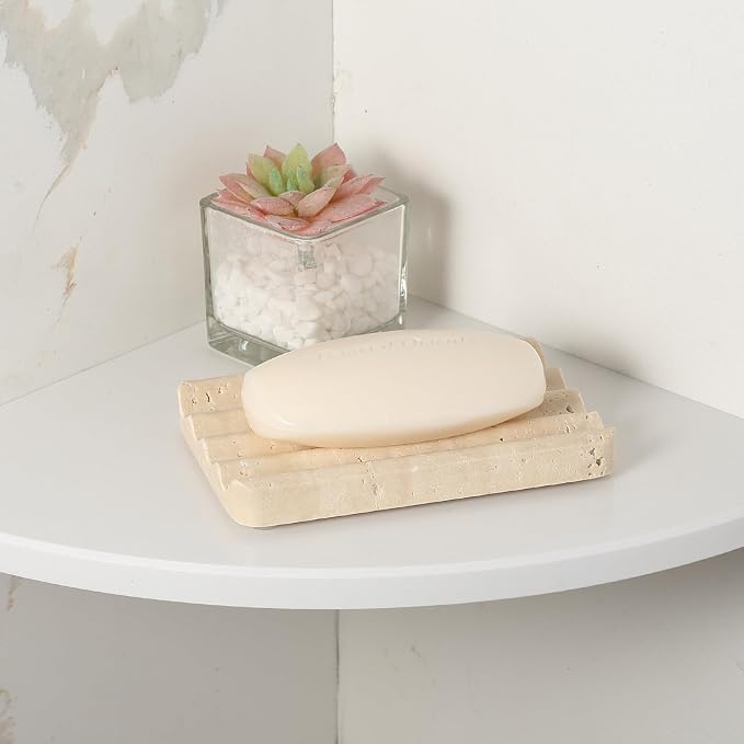Natural Travertine Soap Dish for Bathroom Shower, Marble Soap Tray Travertine Dish for Bathroom, Stone Soap Tray for Sink, Stripe Grooves Soap Saver Keep Soap Bars Dry Easy Clean
