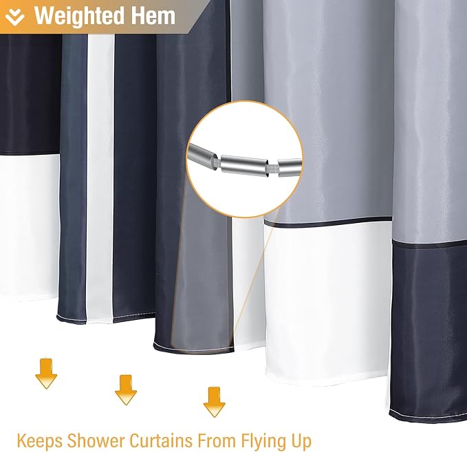 54 x 78 Modern Geometric Waterproof Fabric Shower Curtain Set, Black | Narrow Long, Premium Polyester, Weighted Hem, 10 Plastic Hook, Vibrant Color, Wrinkle-resistant, Quick-Dry, Machine Washable