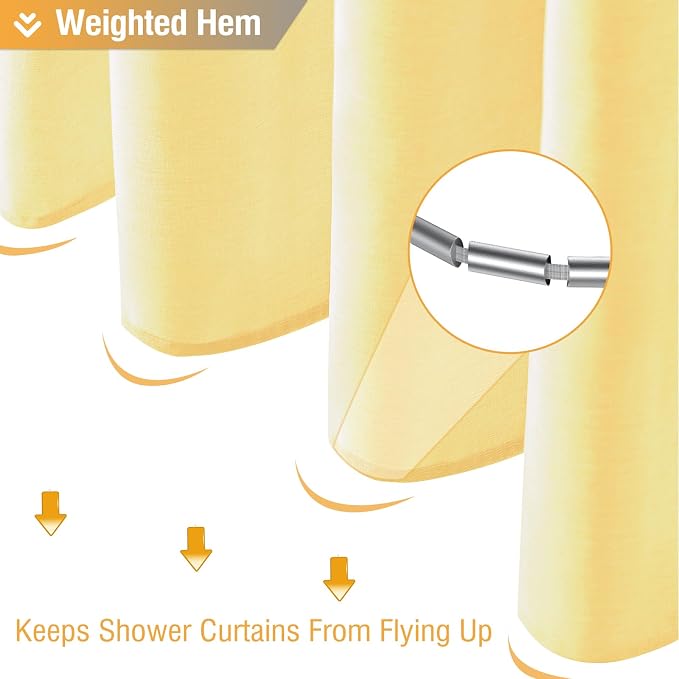 Yellow Linen Textured Waterproof Thick Fabric Shower Curtain, 72x72 | 230GSM Polyester, Heavy Duty Cloth, Weighted Hem, 12 Plastic Hooks, Modern Hotel Style, Machine Washable, Bathroom Decor