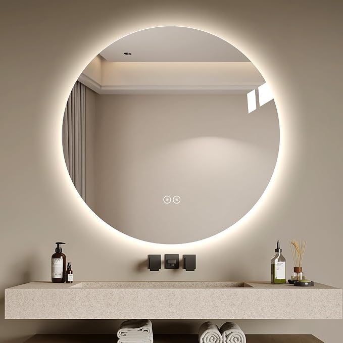 LAIYA 24 Inch Round LED Bathroom Mirror Frameless Backlit Anti-Fog Dimmable | Touch control, 24V IP65 strip, CRI 95+, 3000K-6000K colors, 10%-100%, memory, 5mm copper-free glass, 3-5 min defog, wall kit.