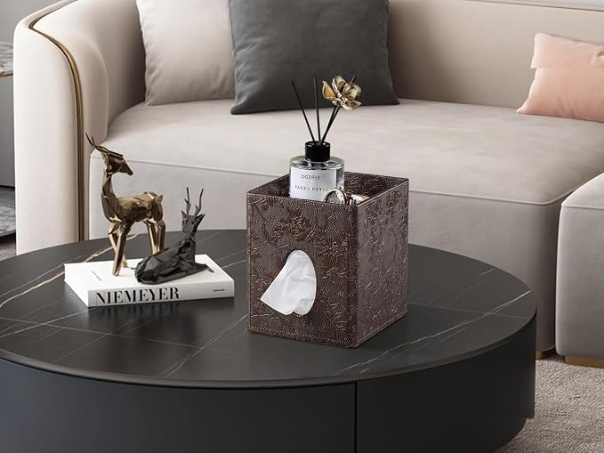 Square Tissue Box Cover, Stylish Leather Tissue Box Holder with Magnetic Bottom, Used As A Decorative Tissue Holder for Living Rooms, (Beige Woven Pattern) (Two-Layer Brown Grape Pattern)