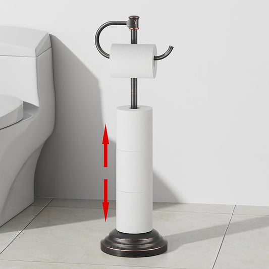 RUMOSE Toilet Paper Holder Stand for Floor Free Standing, Bronze | Bathroom Freestanding Toilet Tissue Roll Holder with Storage, Adjustable 17-25 Inch, Rustproof, SUS304 Stainless Steel