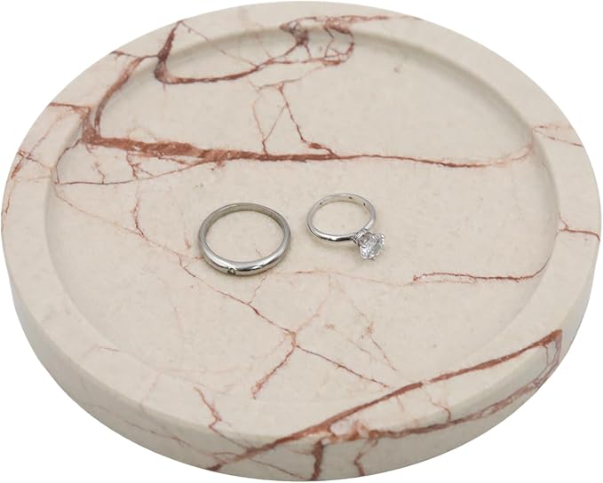 Natural Marble Tray Round 6 Inch Stone Vanity Tray for Home Decor, Pink | Stone Vanity Dish Trinket Catch All, Inner 5.5 Inch Decorative Tray Organizer for Bathroom Kitchen Nightstand Counter Dresser
