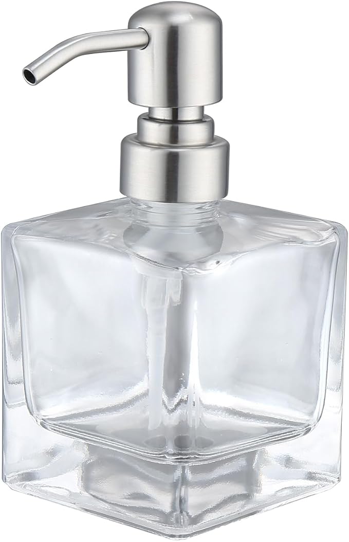 Square Bathroom Soap Dispenser Brushed Nickel, Glass Bottles with Stainless Steel Pump Cube Liquid Soap Dispenser Hand Kitchen