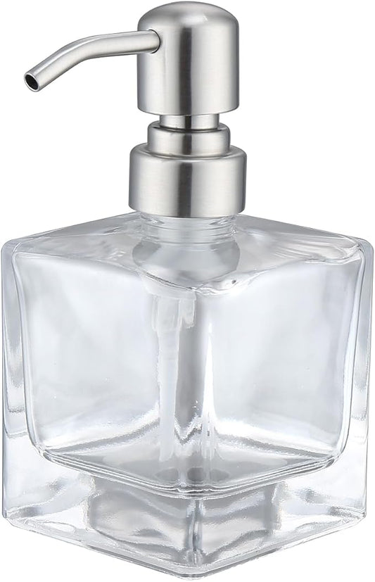 Square Bathroom Soap Dispenser Brushed Nickel, Glass Bottles with Stainless Steel Pump Cube Liquid Soap Dispenser Hand Kitchen