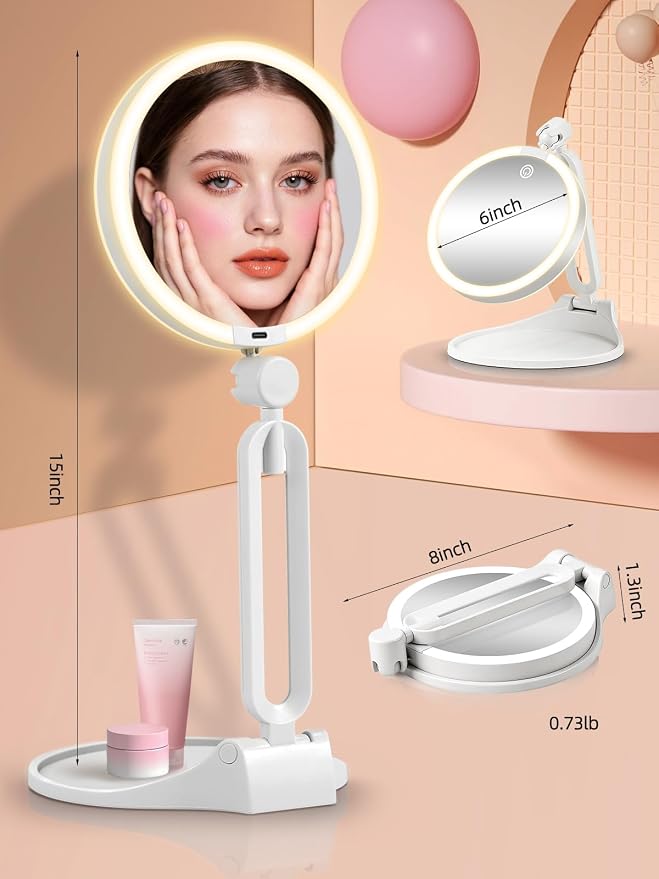 10X/1X Makeup Magnifying Mirror with Lights, 6inch Double-Sided LED Mirror | 360° Rotation Folding Bracket, 3 Color Dimmable Lights, Rechargeable 1500mAh Battery, Desktop 1X/10X Travel Magnifying Mirror