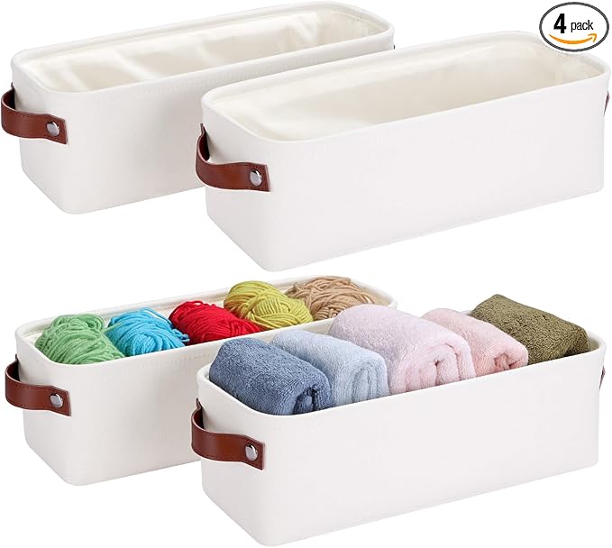 Small Fabric Storage Bins, Narrow Storage Baskets for Organizing | Long Storage Basket, with Handles, Decorative Basket, For Closets Shelves Toilet Paper, 15x6x5 inch, 4-Pack, White