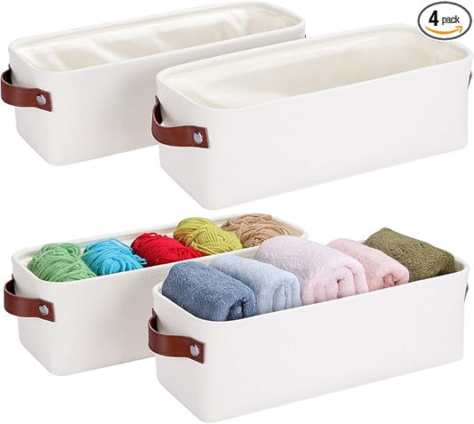 Small Fabric Storage Bins, Narrow Storage Baskets for Organizing | Long Storage Basket, with Handles, Decorative Basket, For Closets Shelves Toilet Paper, 15x6x5 inch, 4-Pack, White