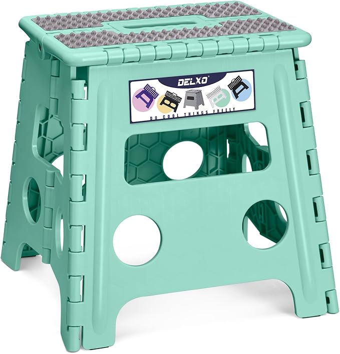 Delxo Folding Step Stool 13 Inch,300 Lbs Step Stool for Adults Green | Foldable Step Stool 13",Non-Slip Foot Stools with Handle,Lightweight Collapsible stools for Kitchen,Bathroom,Bedroom,Garden