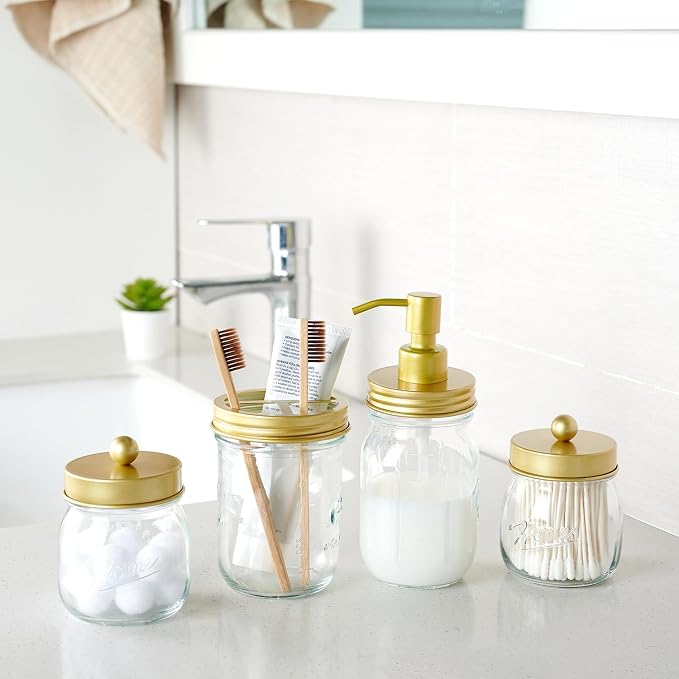 SheeChung Mason Jar Toothbrush Holders, Farmhouse Toothpaste Organizer, 1Pc | Gold Glass Electric Tooth Brush Holder for Bathroom Countertop, Removable Stainless Steel Lid, 3 Divider,Rustic Vintage Decor