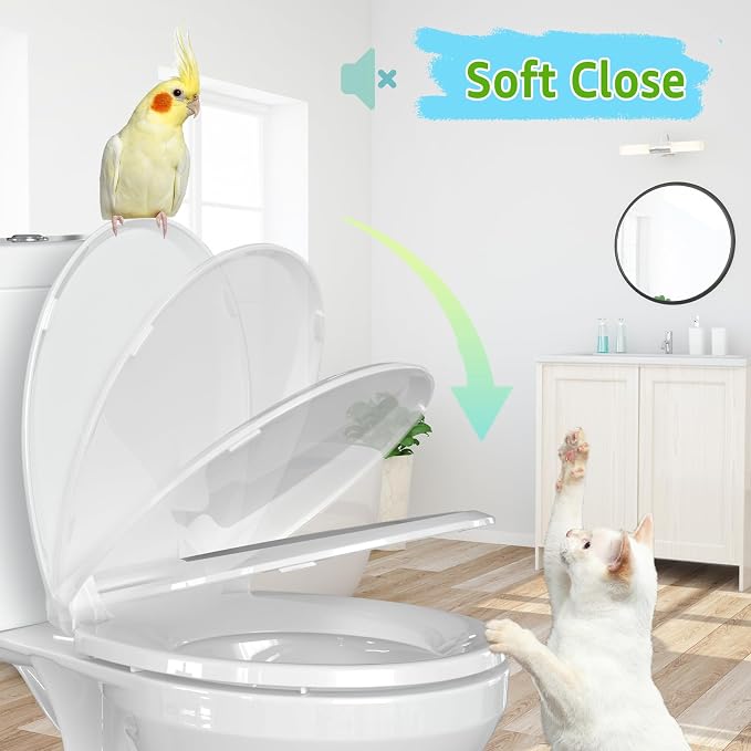 Toilet Seat Round 16.5 Inch, Quick Release & Soft Close, Anti-Slip Never Loosen, Easy Clean, White, PP Material