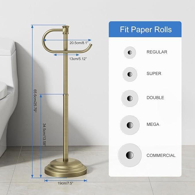 RUMOSE Toilet Paper Holder Stand for Floor Free Standing, Antique Brass | Bathroom Freestanding Toilet Tissue Roll Holder with Storage, Adjustable 17-25 Inch, Rustproof, SUS304 Stainless Steel