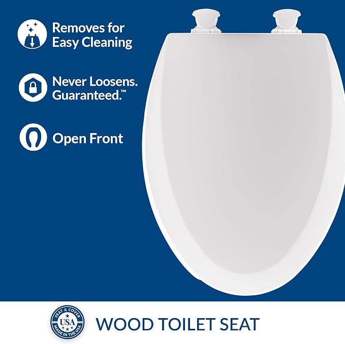 Mayfair 18440EC Open Front Toilet Seat and Lid, Easy Clean Hinges and Durable Wood Seat, Made in USA, Elongated, White