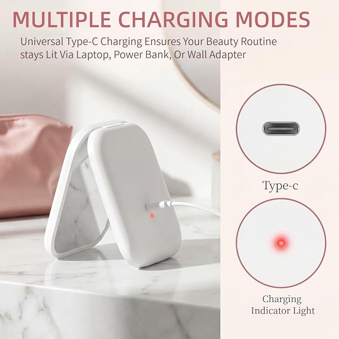 5X Magnifying Mirror, Compact Mirror for Makeup with 3 Lighting Modes and Adjustable Brightness, Portable Makeup Mirror Type-C Rechargeable, Pocket Mirror Fits in A Handbag, Gift for Girls