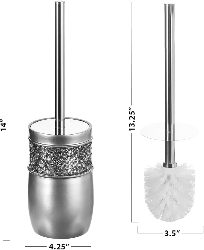 Creative Scents Crackled Glass Toilet Brush with Holder - Silver Toilet Bowl Cleaner Brush and Holder - Good Grip, Deep Cleaning, Decorative Design Compact Toilet Bowl Scrubber