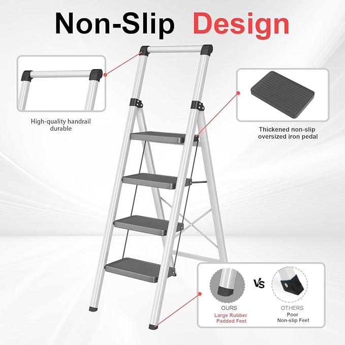 4 Step Ladder, Folding Step Stool with Wide Anti-Slip Pedal, Soft Grip Handle & Non-Slip Feet, Sturdy Steel Ladder with 600 lbs Capacity for Home, Kitchen & Office, Black Grey
