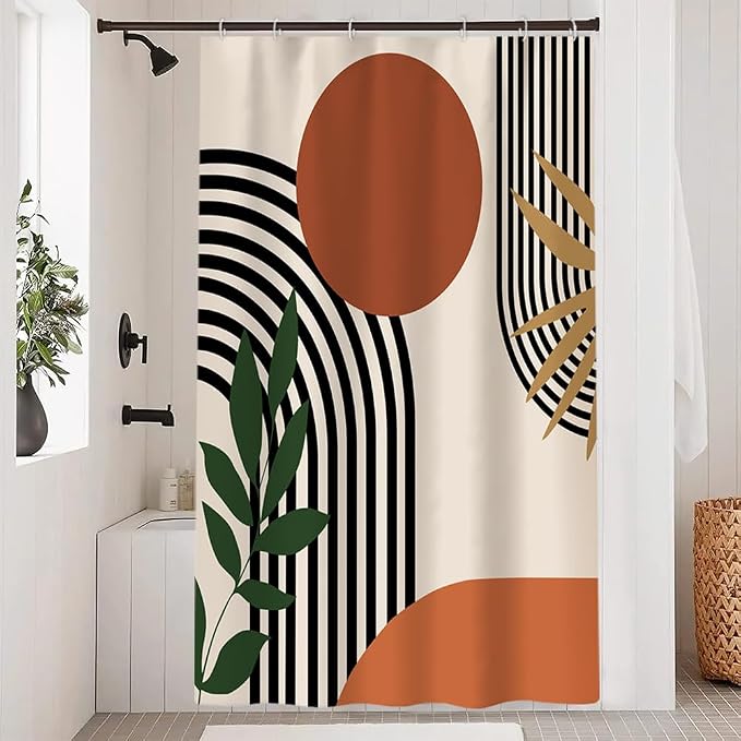 Mid Century Boho Shower Curtain with Hooks for Bathroom 54x72 Inch | Waterproof Abstract Sun Leaves and Arch Shower Curtain Set, Soft Terracotta Bathroom Decor