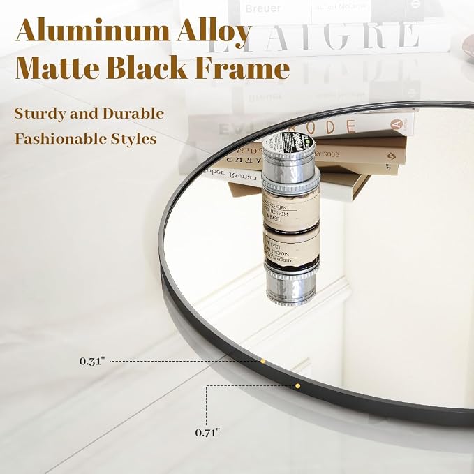 Black Round Bathroom Mirror 24", Thin Metal Frame Wall Mirror | Circle Vanity Mirror for Over Sink, Hanging or Leaning Decor for Hallway, Entryway, Fireplace Mantel, Living Room