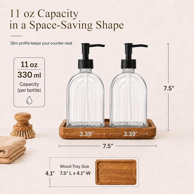 2 Pack Arch Glass Soap Dispenser with Acacia Wood Tray, 11oz Clear Rainbow Decorative Hand Soap Dispenser with Rustproof Pump, Refillable Liquid Dispenser for Bathroom, Kitchen, Countertop